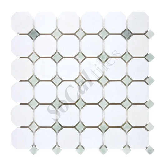 Thassos White Marble Octagon Mosaic (w/ Ming Green) Polished/Honed Backsplash Tile