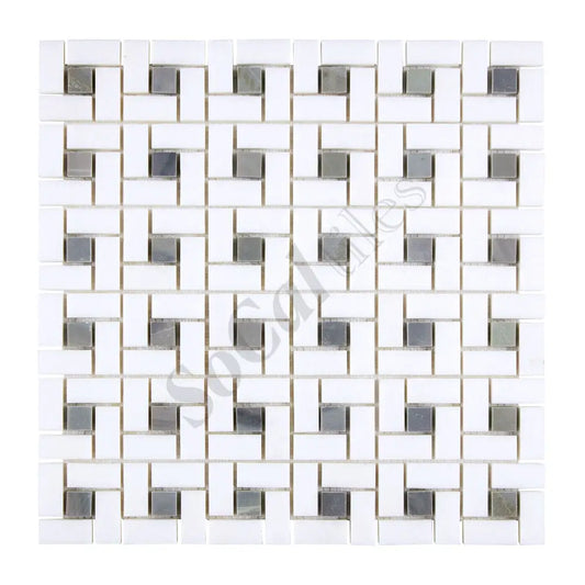Thassos White Marble Pinwheel Mosaic (w/ Blue-Gray) Polished/Honed Backsplash Tile