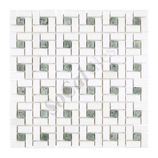 Thassos White Marble Pinwheel Mosaic (w/ Ming Green) Polished/Honed Backsplash Tile