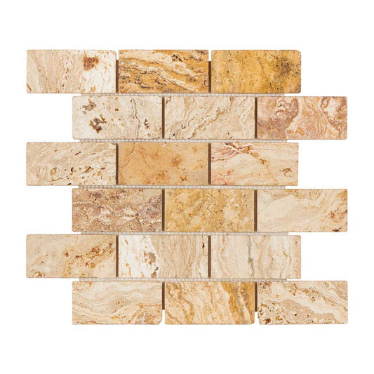 Valencia Travertine 2’’ X 4’’ Brick Mosaic Tumbled/Split-Faced Tumbled / 1 sheet Wall Tile
