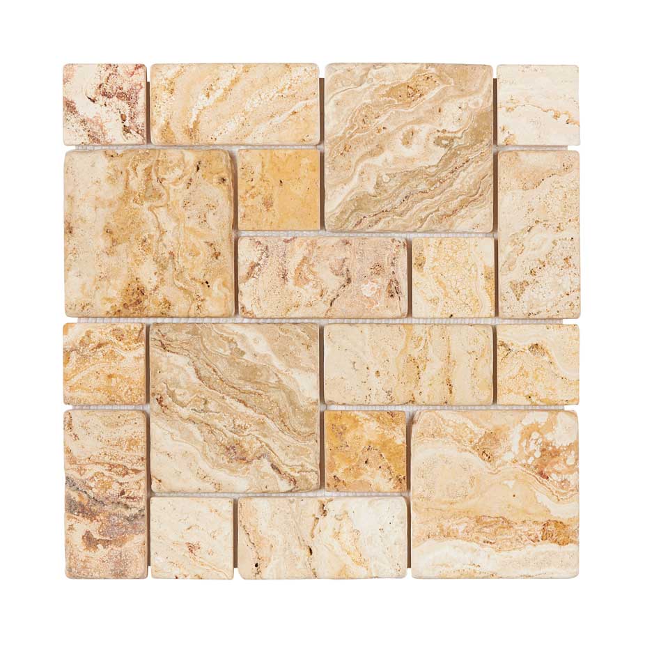Valencia Travertine 3-pcs. Mini-Pattern Mosaic (Non-Interlocking) Tumbled Wall Tile