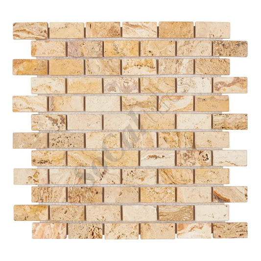 Valencia Travertine 1’’ X 2’’ Brick Mosaic Tumbled/Split-Faced Tumbled / 1 sheet Wall Tile