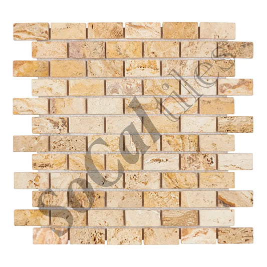 Valencia Travertine 1’’ X 2’’ Brick Mosaic Tumbled/Split-Faced Tumbled / 1 sheet Wall Tile