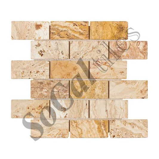 Valencia Travertine 2’’ X 4’’ Brick Mosaic Tumbled/Split-Faced Tumbled / 1 sheet Wall Tile