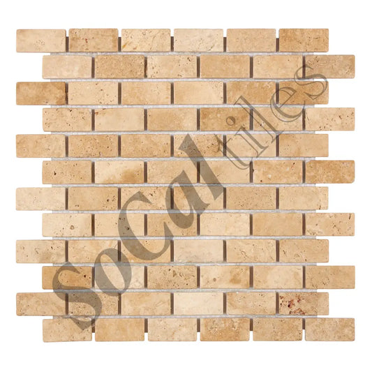 Walnut Travertine 1’’ X 2’’ Brick Mosaic Tumbled Backsplash Tile