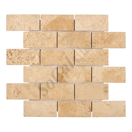 Walnut Travertine 2’’ X 4’’ Brick Mosaic Tumbled Backsplash Tile