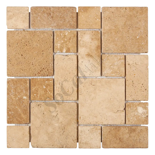 Walnut Travertine 3-pcs. Mini-Pattern Mosaic (Non-Interlocking) Tumbled Backsplash Tile