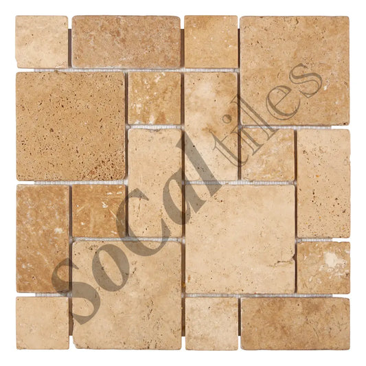 Walnut Travertine 3-pcs. Mini-Pattern Mosaic (Non-Interlocking) Tumbled Backsplash Tile