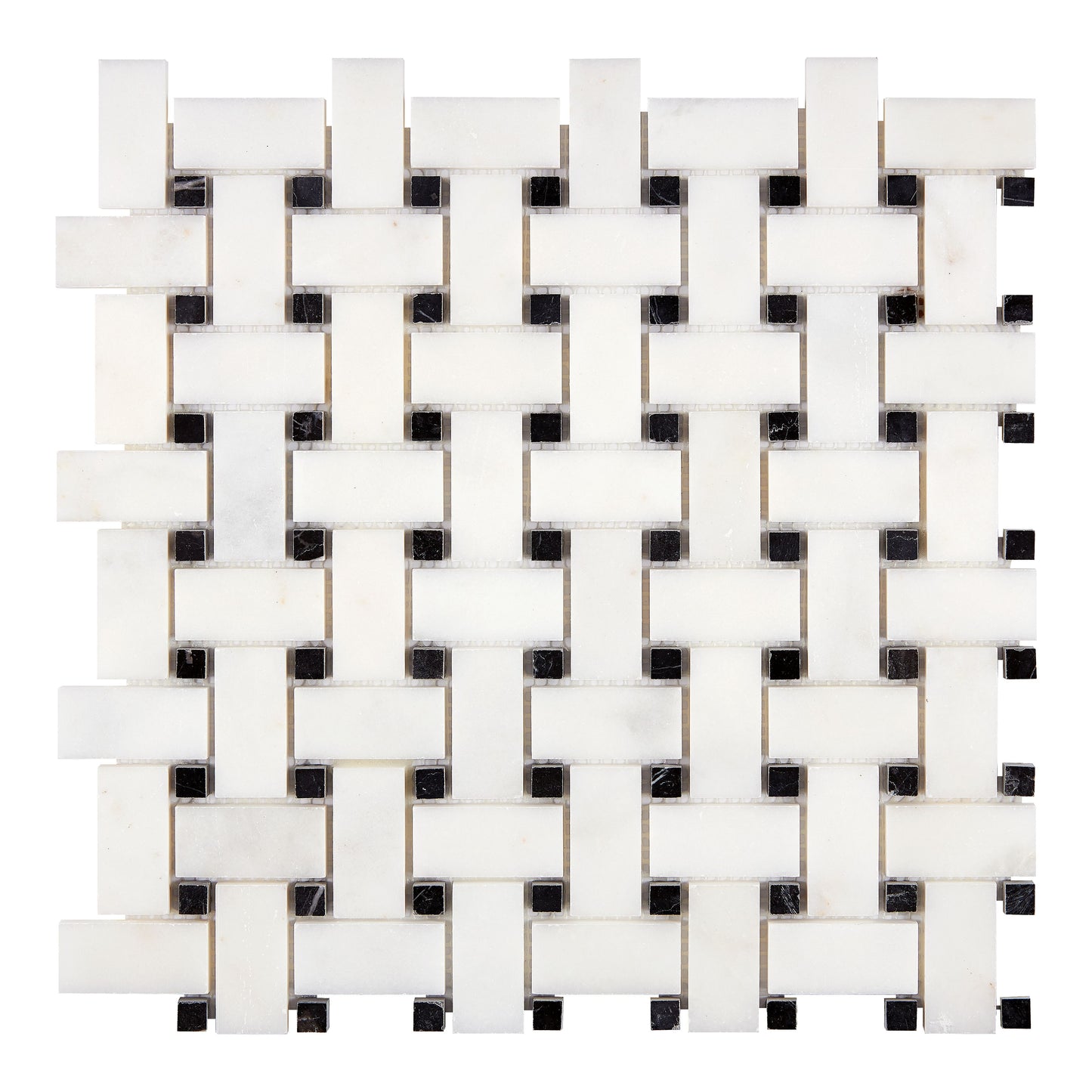 Afyon White Marble Basketweave Mosaic w/ Black Dots Polished