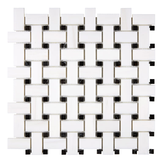 Bianco Dolomite Basketweave Mosaic (w/ Black) Polished/Honed