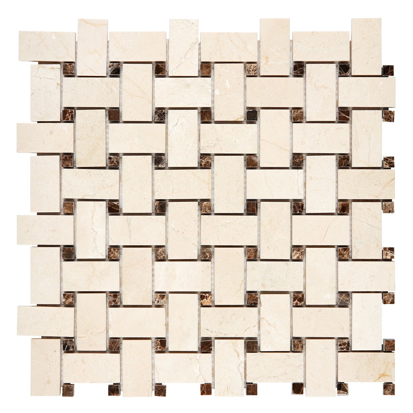 Crema Marfil Marble Basketweave Mosaic w/ Emperador Dark Dots