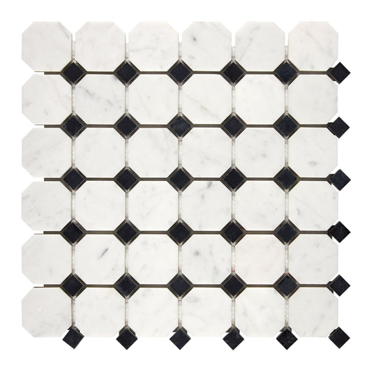 Bianco Carrara White Marble Octagon Mosaic (w/ Black)