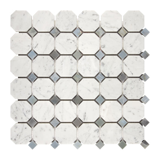 Bianco Carrara White Marble Octagon Mosaic (w/ Blue-Gray)