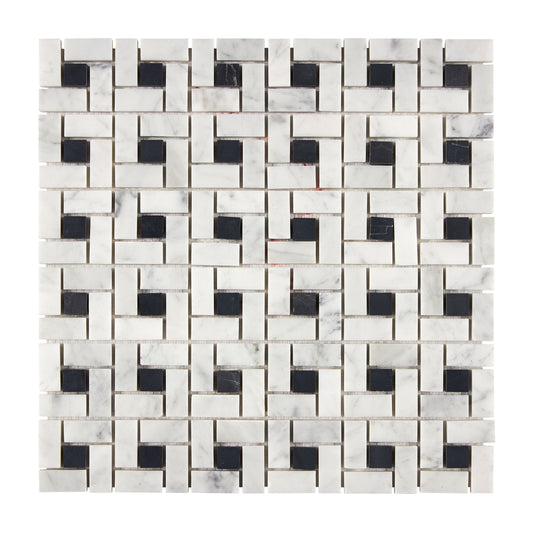 Bianco Carrara White Marble Pinwheel Mosaic (w/ Black)