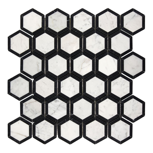 Bianco Carrara White Marble 2" X 2" Vortex Hexagon (w/ Black)