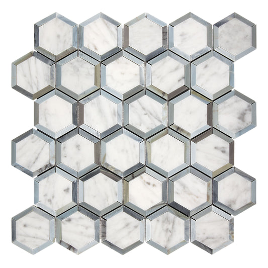 Bianco Carrara White Marble 2" X 2" Vortex Hexagon (w/ Blue-Gray)