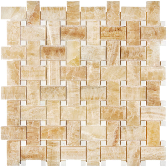 Giallo Crystal Honey Onyx Basketweave Mosaic (w/ White) Polished