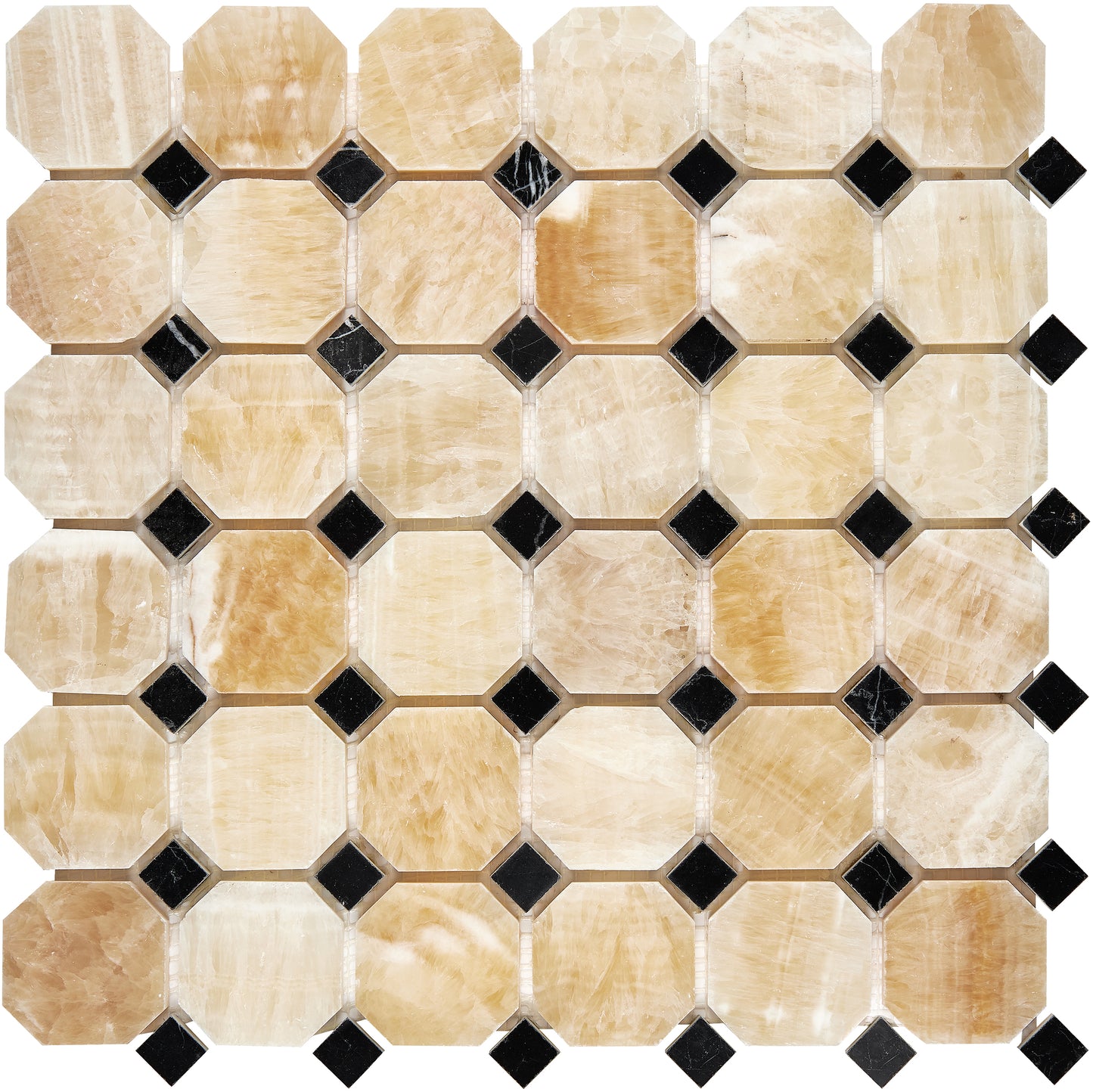 Giallo Crystal Honey Onyx Octagon Mosaic (w/ Black) Polished