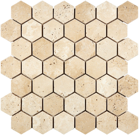 Ivory (Light) Travertine 2" X 2" Hexagon Mosaic Tumbled/Filled & Honed