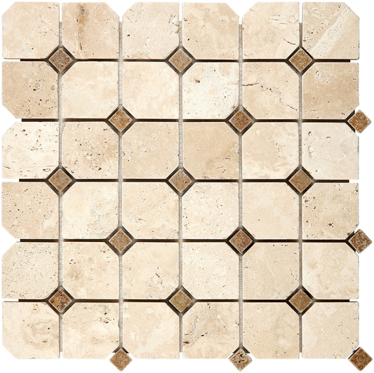 Ivory (Light) Travertine Octagon Mosaic w/ Noce Dots Tumbled