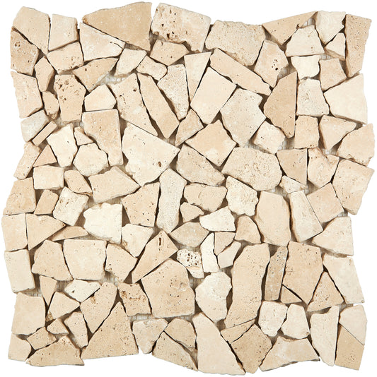 Ivory (Light) Travertine Flat Pebble/Random Broken Mosaic Tumbled