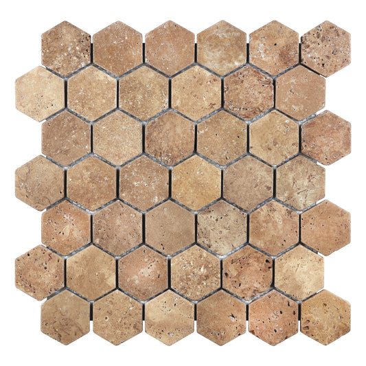 Noce Travertine 2" X 2" Hexagon Mosaic Tumbled