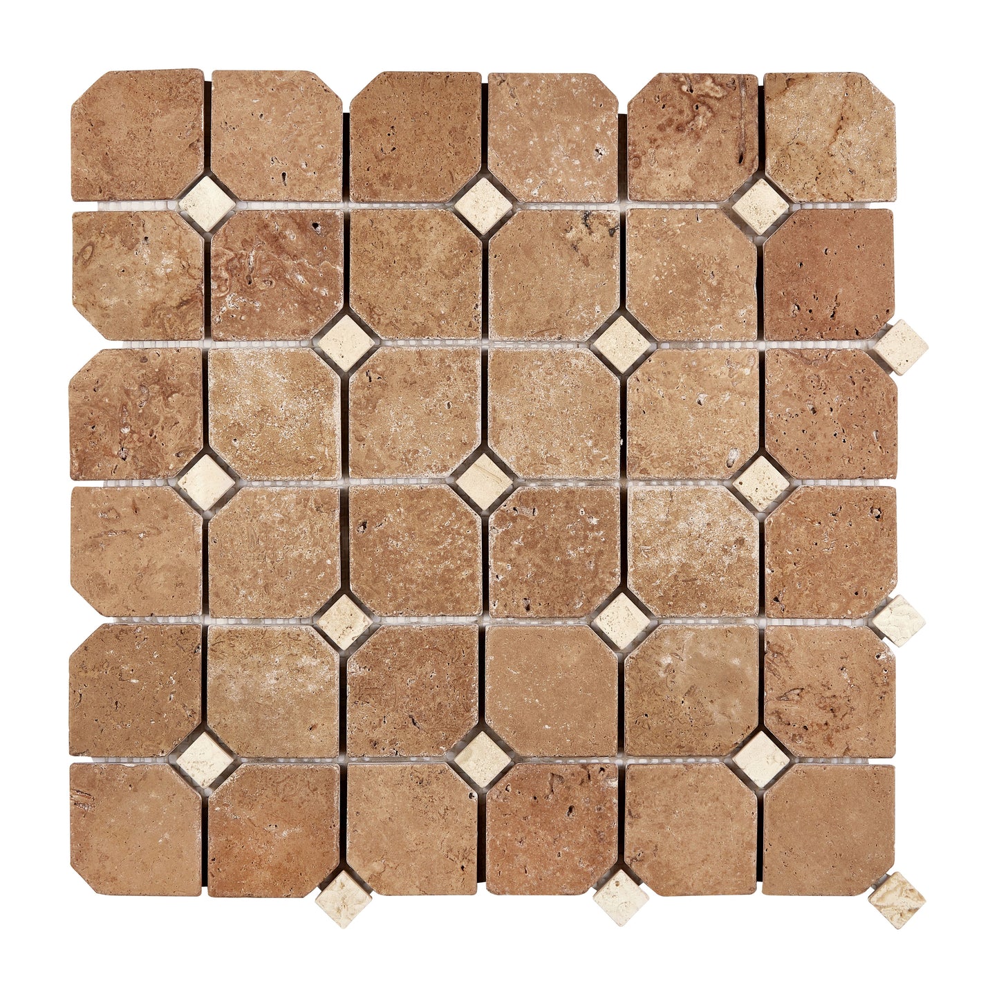 Noce Travertine Octagon Mosaic w/ Ivory Dots Tumbled