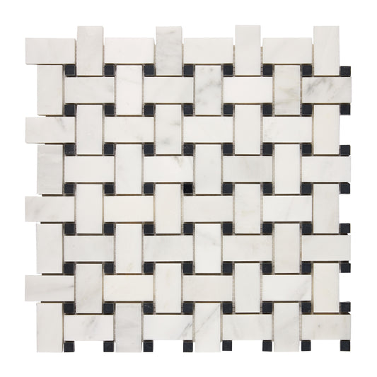 Oriental White (Asian Statuary) Marble Basketweave Mosaic (w/ Black) Polished/Honed