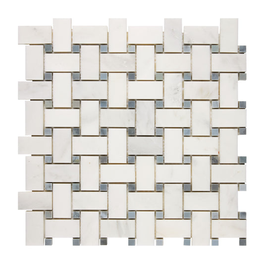 Oriental White (Asian Statuary) Marble Basketweave Mosaic (w/ Blue-Gray) Polished/Honed