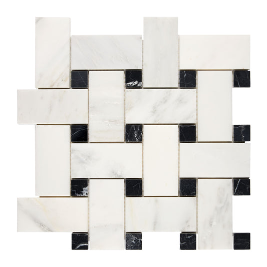 Oriental White (Asian Statuary) Marble Basketweave Large Mosaic (w/ Black) Polished/Honed