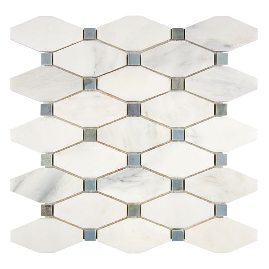 Oriental White (Asian Statuary) Marble Long Octagon Mosaic (w/ Blue-Gray) Polished/Honed