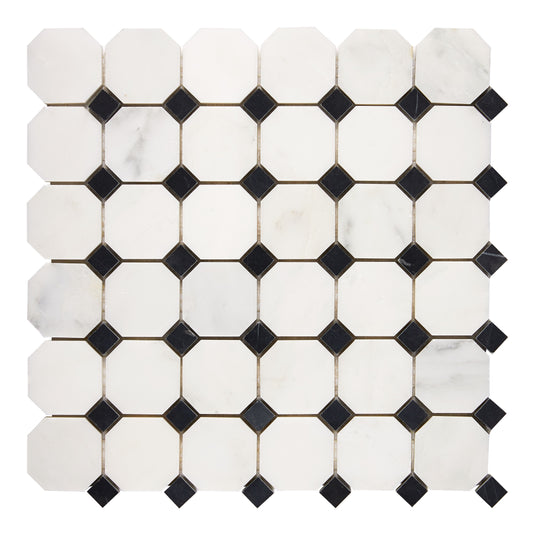 Oriental White (Asian Statuary) Marble Octagon Mosaic (w/ Black) Polished/Honed