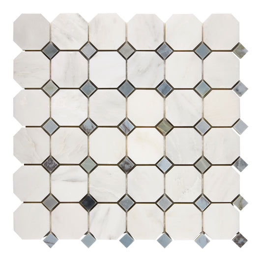 Oriental White (Asian Statuary) Marble Octagon Mosaic (w/ Blue-Gray) Polished/Honed