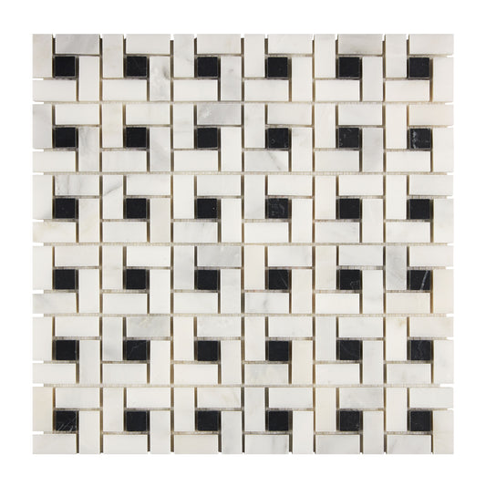 Oriental White (Asian Statuary) Marble Pinwheel Mosaic (w/ Black) Polished/Honed