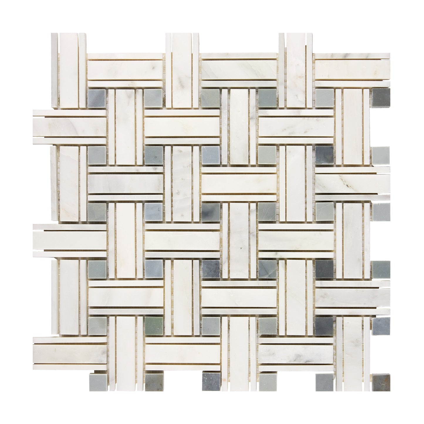 Oriental White (Asian Statuary) Marble Triple-Weave (w/ Blue-Gray) Mosaic Polished/Honed