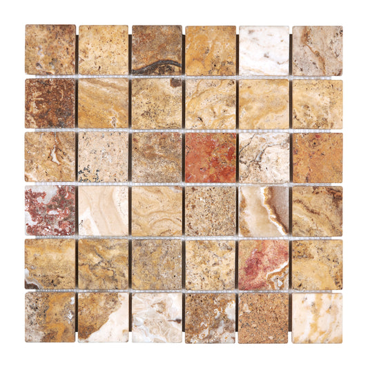 Scabos Travertine 2" X 2" Mosaic Tumbled/Polished/CNC-Arched