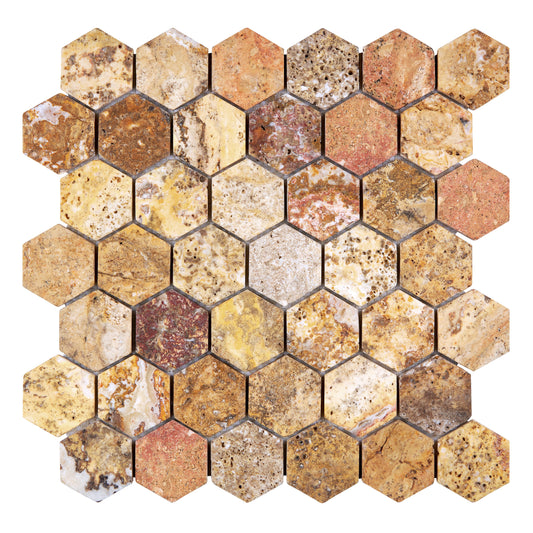 Scabos Travertine 2" X 2" Hexagon Mosaic Tumbled