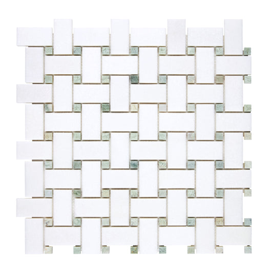 Thassos White Marble Basketweave Mosaic (w/ Ming Green) Polished/Honed