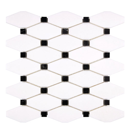 Thassos White Marble Long Octagon Mosaic (w/ Black) Polished/Honed