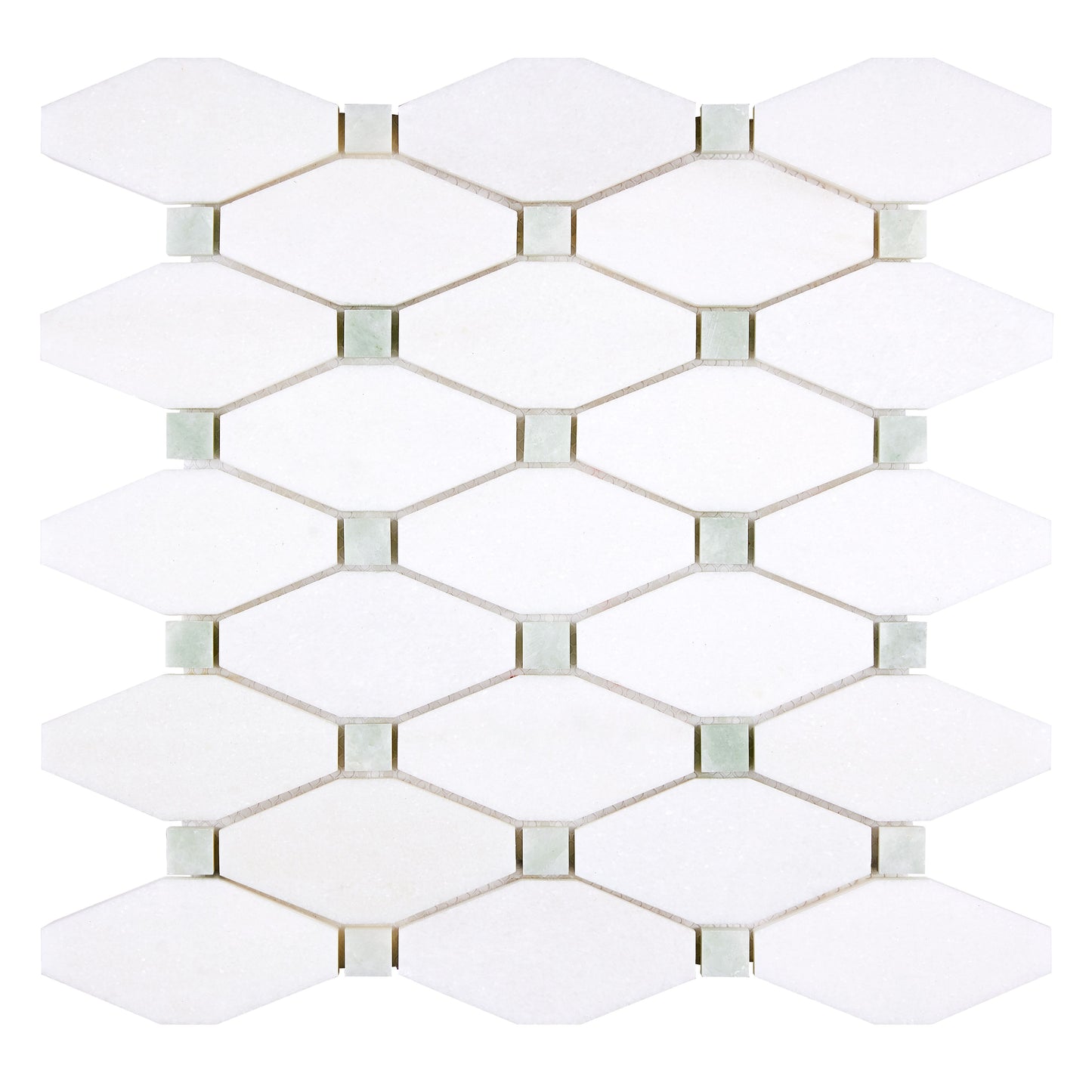 Thassos White Marble Long Octagon Mosaic (w/ Ming Green) Polished/Honed
