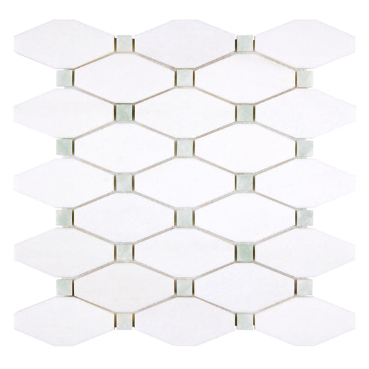 Thassos White Marble Long Octagon Mosaic (w/ Ming Green) Polished/Honed