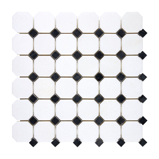 Thassos White Marble Octagon Mosaic (w/ Black) Polished/Honed