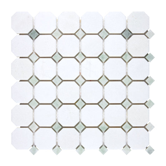 Thassos White Marble Octagon Mosaic (w/ Ming Green) Polished/Honed